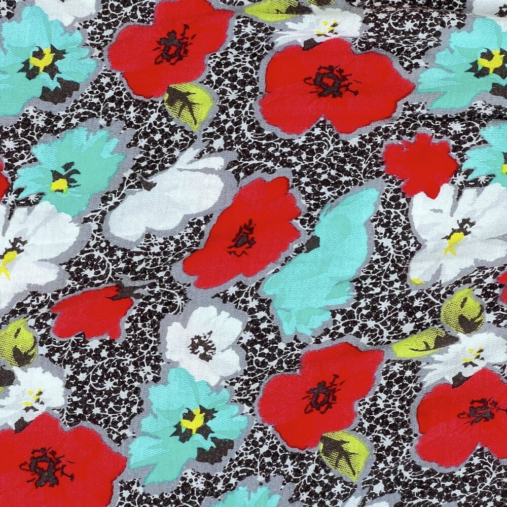 Lush Floral Poppies V-Neck Mini Fit and Flare Dress Black White Red Teal Size M - Picture 5 of 8